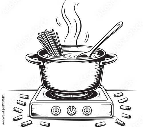 Cooking pasta in a pot with a wooden spoon on stove silhouette