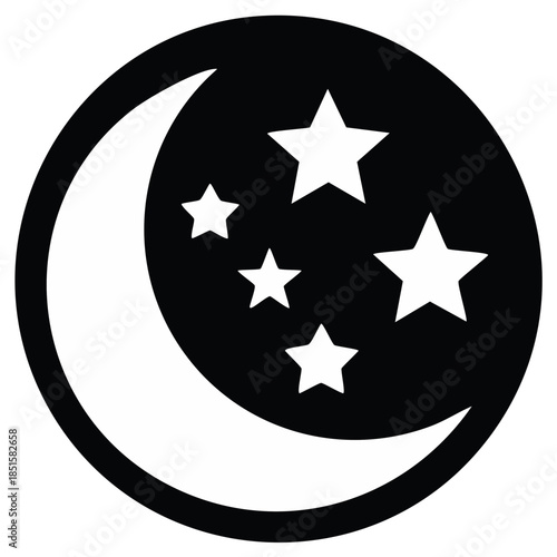 Moon with Stars Icon in a Black Circle, Night Sky Theme, Isolated
