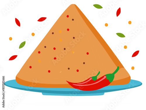 Indian Samosa with chili peppers on a plate with spices and decorations