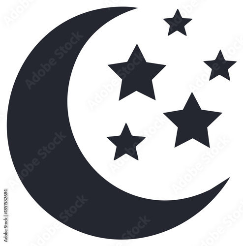 Crescent moon and stars silhouette isolated on white background for night sky element