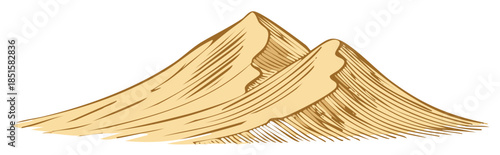 Stylized illustration of two golden sand dunes with textured lines, evoking a desert landscape.