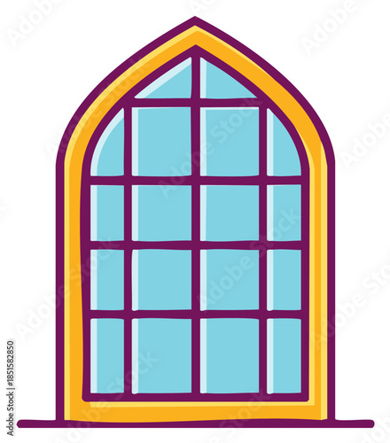 Decorative arched window with multiple glass panes and a colorful artistic outline illustration