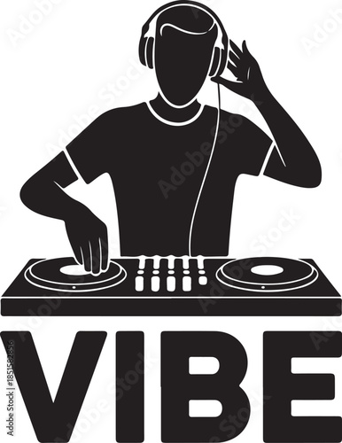 Dj playing music with headphones and turntables silhouette isolated on transparent background 