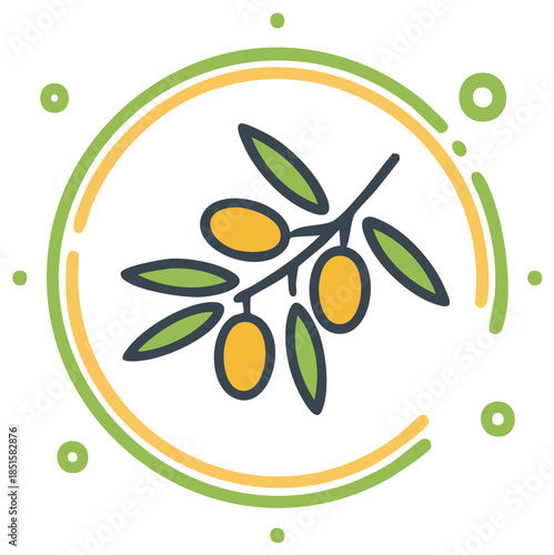 Olive Branch with Yellow Fruit and Green Leaves in a Circular Frame with Decorative Elements