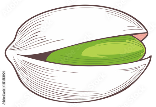 Illustration of an open pistachio nut with a vibrant green kernel peeking out from the shell