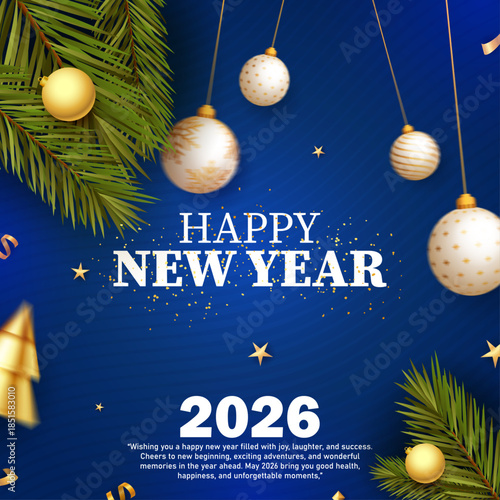 Happy New Year 2026 Greeting Card with Gold Baubles on Blue Background, Festive 2026 New Year Celebration Poster with Pine Branches and Stars, Elegant New Year 2026 Social Media Banner with Golden Orn
