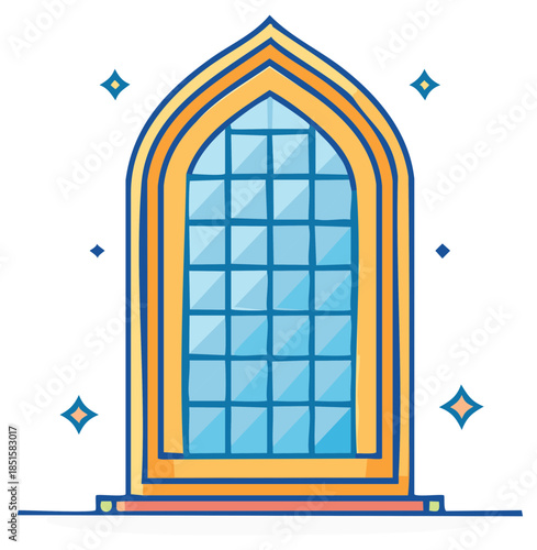 Hand drawn cartoon illustration of a sparkling gold arched window with blue glass panes.