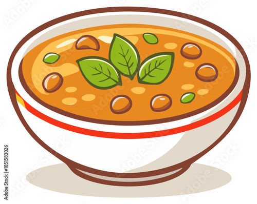 Appetizing cartoon illustration of a hearty vegetable soup bowl with fresh green basil leaves.