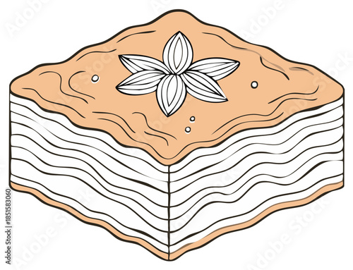 Stylized illustration of a diamond shaped baklava pastry with a nut garnish