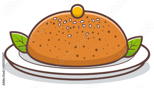 Cartoon Style Illustration of Sweet Bread on a Plate with Leaves and a Topping