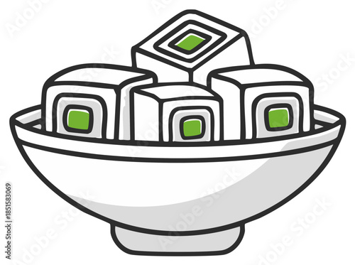 Cartoon illustration of square Japanese sushi maki rolls in a bowl