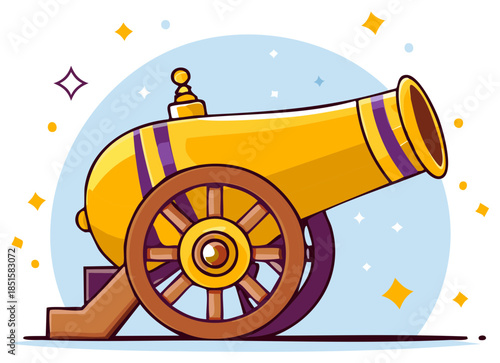 Festive golden cartoon cannon with purple stripes and wooden wheels sparkling bright