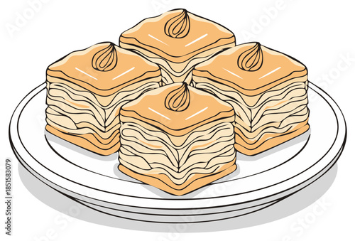 Four Pieces of Traditional Baklava Dessert with Nut Topping on a Plate Illustration
