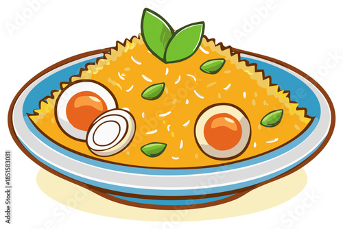 Artistic illustration of a bowl of rice with sliced boiled eggs and green garnish