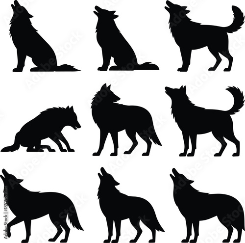 Black silhouettes of wolves in various poses howling