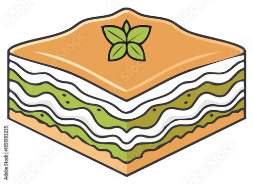 Hand drawn traditional Middle Eastern sweet baklava pastry slice with vibrant pistachio filling and fresh mint leaf garnish