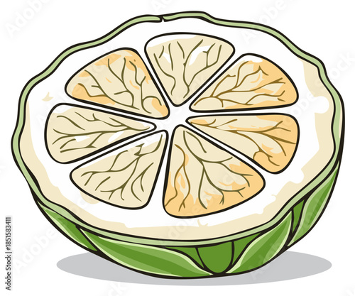 Illustration of a citrus fruit cut in half, showcasing its juicy segments.