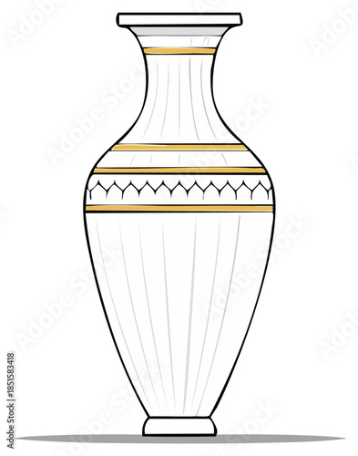 Elegant white ceramic vase with gold decorative bands and classical fluting design
