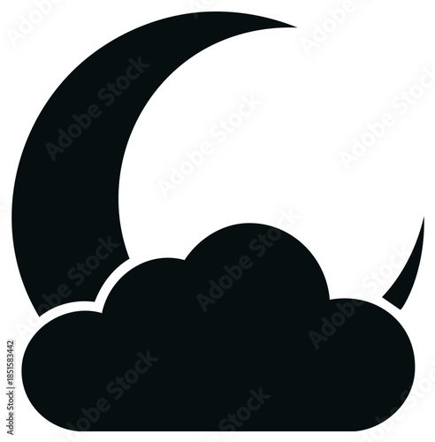 Minimalist black icon of a crescent moon and a dark cloud symbolizing nighttime weather