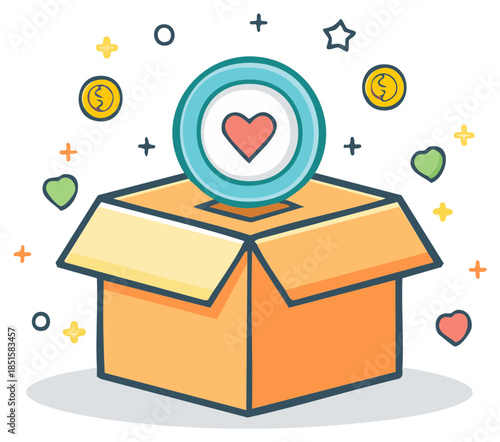 Donation box with heart coin, money and stars for charity crowdfunding and community support