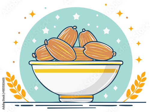 Bowl of Dates Still Life Illustration Sweet Fruits Dessert Ramadan