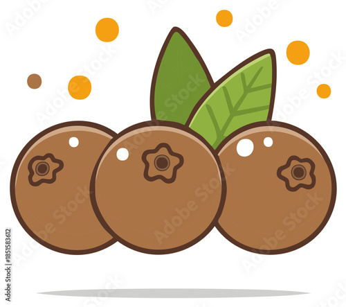 Three stylized berries grouped together with green leaves and small orange circles around them.