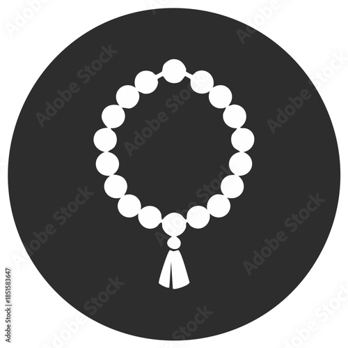 Prayer beads illustration icon on dark grey background, rosary made of round beads with tassel