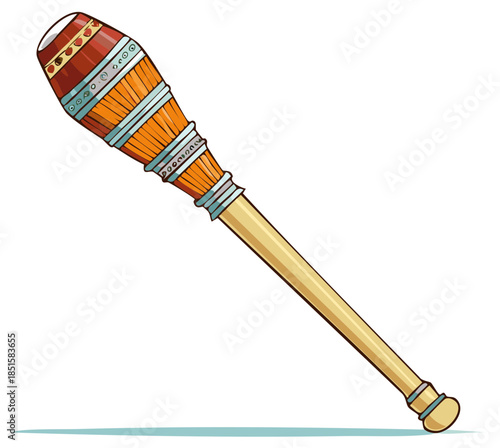 Hand drawn decorative wooden club or musical rattle illustration with intricate tribal patterns
