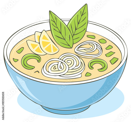 Cartoon illustration of a flavorful bowl of soup with fresh vegetables and herbs