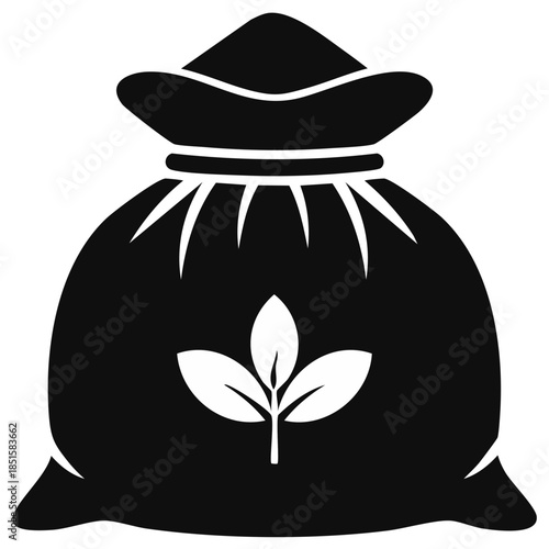 Black and white bag of seeds or soil with sprout icon illustration