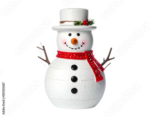 Cheerful snowman with top hat, scarf, and carrot nose