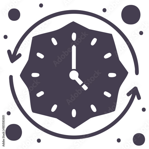 Circular arrow surrounding a stylized clock face with dots indicating time concept