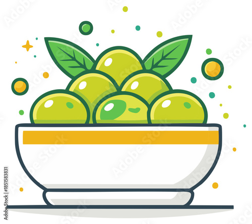 Stylized bowl of green olives with leaves and decorative elements