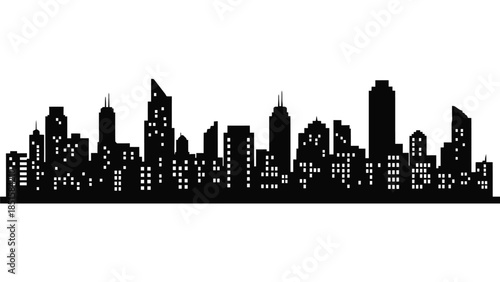 A striking black silhouette of a modern city skyline against a white background