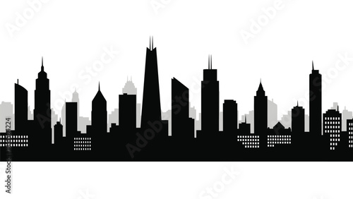A striking black silhouette of a modern city skyline against a white background