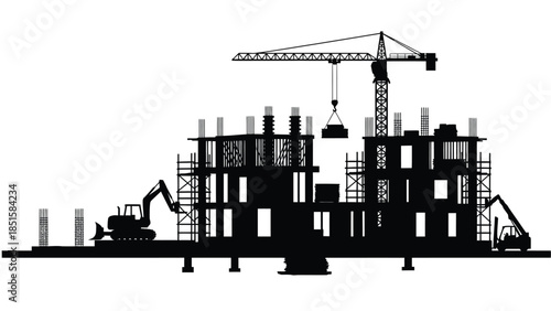 Construction site silhouette depicting a building under development with heavy machinery