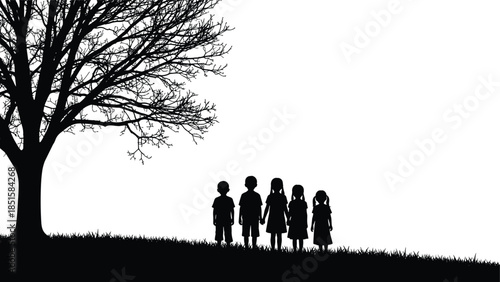 Children silhouette group standing under tree at sunset, friendship and innocence concept, outdoor nature scene, black vector illustration isolated on white background