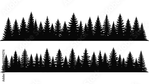 Silhouetted evergreen forest line against a stark white backgroundscape