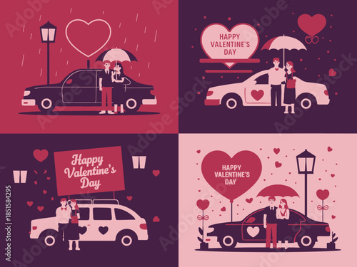 Four cozy illustrations showing couples celebrating Happy Valentines Day with cars, umbrellas, and streetlights