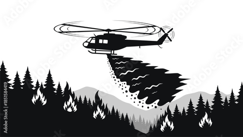 Helicopter dropping water on a forest fire amidst mountainous terrain