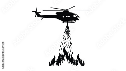 A black silhouette of a helicopter extinguishing a fire below