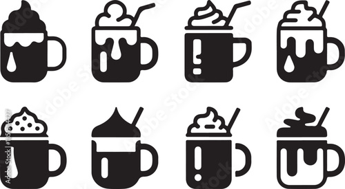 Hot chocolate simple vector icon set. christmas silhouette icons on black color and white background