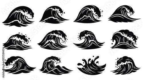Collection of stylized black and white ocean waves in various designs