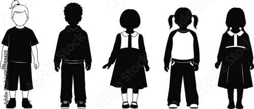 Children silhouette set of boys and girls standing, diverse kids figures, childhood lifestyle concept, black vector illustration isolated on white 