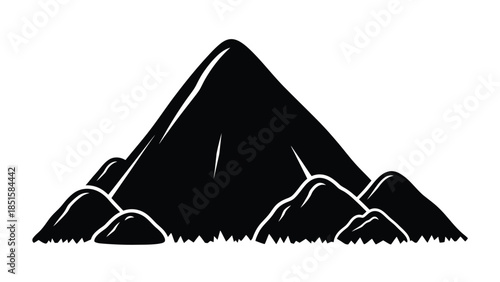 A simple black and white illustration of a mountain with rocky base
