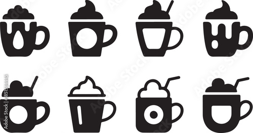 Hot chocolate simple vector icon set. christmas silhouette icons on black color and white background