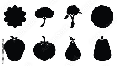 Black silhouette collection of various fruits and floral arrangements