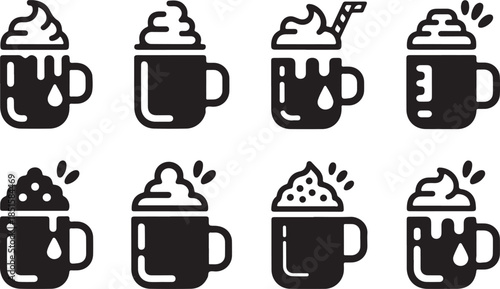 Hot chocolate simple vector icon set. christmas silhouette icons on black color and white background