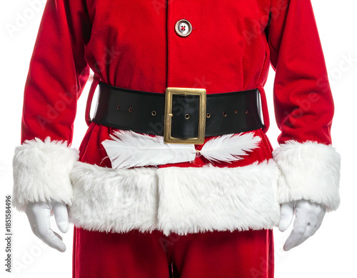 Festive red suit with white trim, gold buckle belt, and feathers