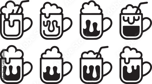 Hot chocolate simple vector icon set. christmas silhouette icons on black color and white background